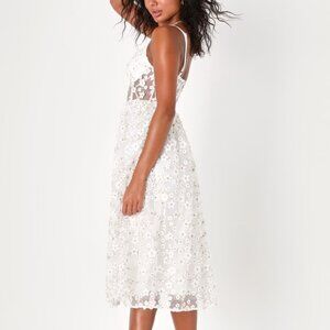 Lulus Darling Romance White Tulle Floral Applique Bustier Midi Dress - Size XL